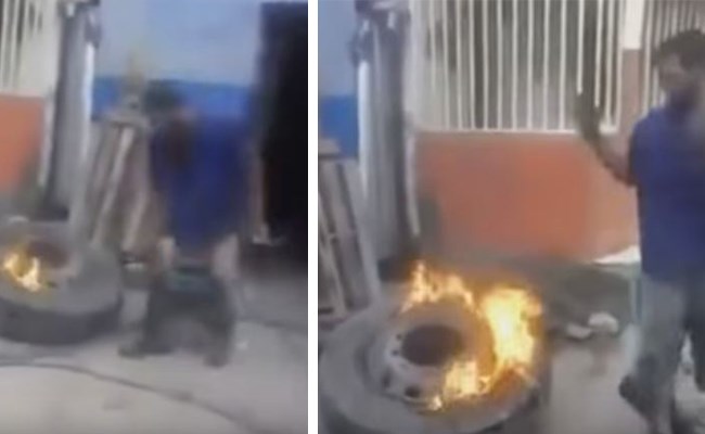 بالفيديو: ما حدث مع هذا الرجل لحظة اشعال النار بإطار السيارة أثار موجة من التعليقات الساخرة على الانترنت! 
